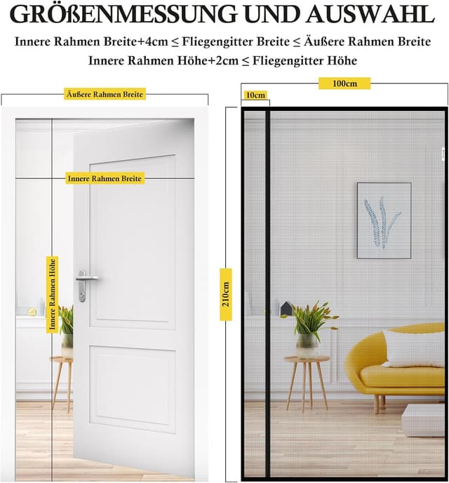 Detalle de fowong Magnet Fliegengitter für Balkontür mit seitlicher Öffnung, 100x210 cm – reißfestes Katzenschutzgitter ohne Bohren