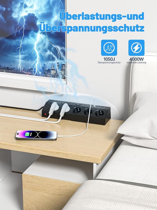 Detalle de PASSUS Tischsteckdose Steckdosenleiste mit Überspannungsschutz (4000 W / 16 A), 4 USB‑C & USB‑A, 2 m Kabel, schwarz