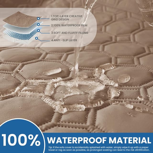 Detalle de Ystyle copridivano impermeabile 1 posto con braccioli, antiscivolo e tasca laterale – caffè chiaro