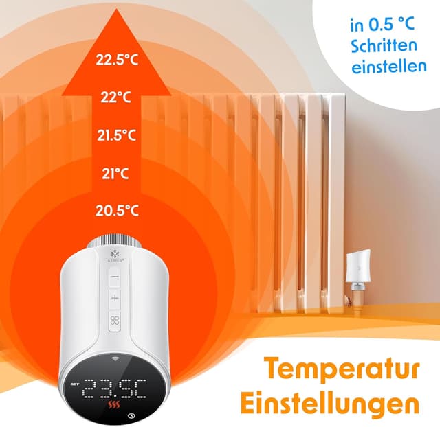 Detalle de KESSER® WLAN Heizkörperthermostat WiFi mit App, Alexa & Google Assistant – mit 6 Ventil-Adaptern