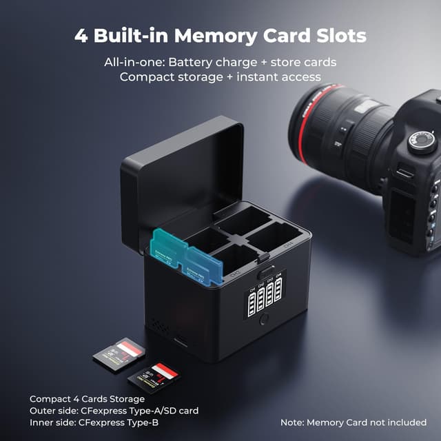 Detalle de K&F CONCEPT 4-Slot Battery Charger Case with Max 45W PD Fast Charging (NP-FZ100/LP-E6 compatible)