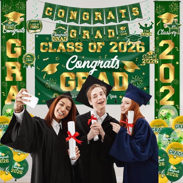 Detalle de M AMFEOV 2026 Green and Gold Graduation Party Decor Set with Congrats Grad Banner, Backdrop & Balloons