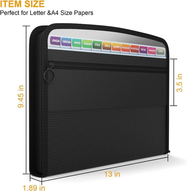 Detalle 2 de ABC life Expanding File Organiser with Mesh Bag & Zipper Closure (A4, 13 pockets) – Rainbow accordion folder, black