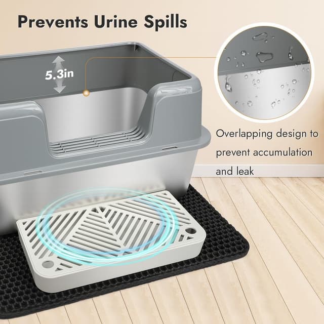 Detalle 2 de Vivifying Katzenklo aus Edelstahl mit Pedal, Schaufel und Matte (grau) – auslaufsicher