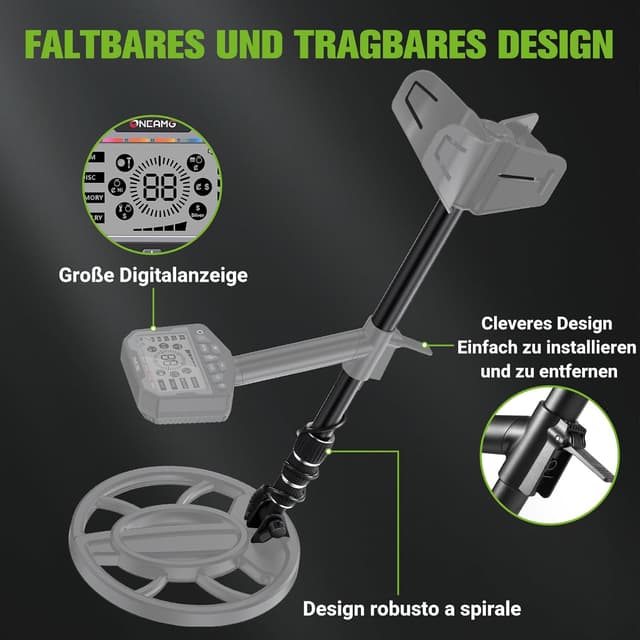 Detalle de OneAmg Metalldetektor Profi – 5 Suchmodi, Pinpointer, IP68 Suchspule inkl. Kopfhörer, Schaufel & Rucksäcke
