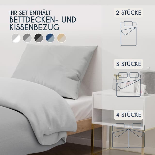 Detalle 2 de Dreamzie Bettwäsche-Set 135x200 cm (1 Kissenbezug 80x80 cm) Hellgrau/Weiß aus 100% Mikrofaser
