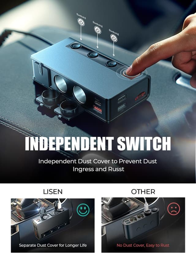 Detalle de LISEN 9 in 1 Car Cigarette Lighter Multi Socket (191W) with USB-C PD 30W and QC 3.0