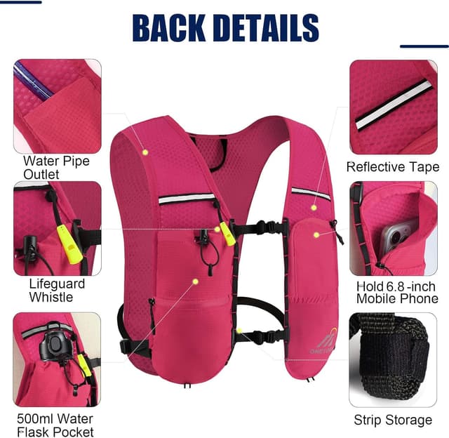 Detalle de ONETOALL 6L Reflective Running Vest with 2L Hydration Bladder and 500ml Bottle