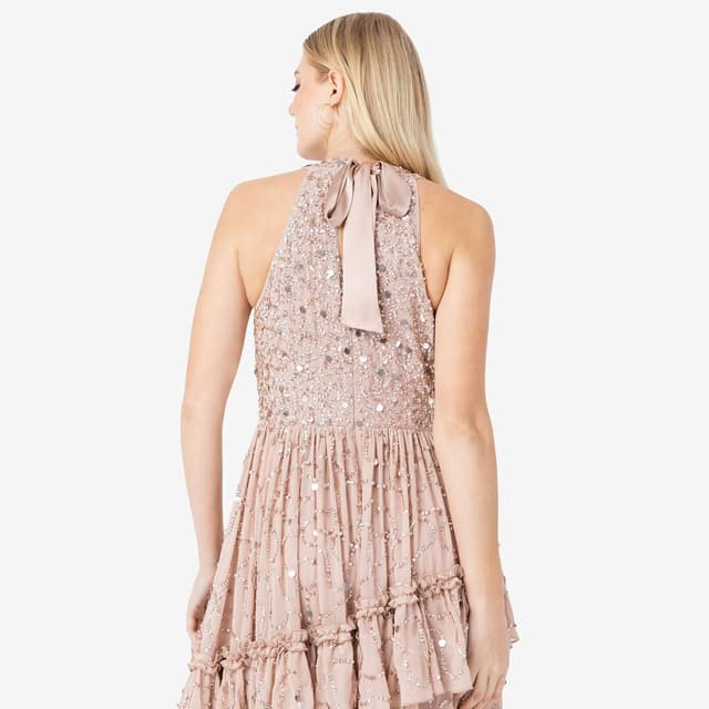 Detalle de Maya Deluxe embellished tie-back maxi dress for women in taupe blush (sleeveless ruffle evening occasion dress)