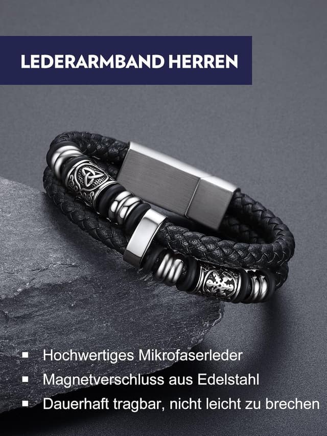 Detalle 2 de Bandmax Lederarmband für Männer mit keltischen Knotenelementen und Magnetverschluss (Mikrofaser-Leder)