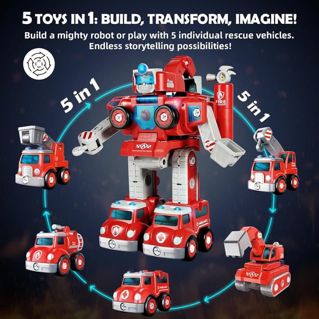 Detalle de Baobrava 5-in-1 Fire Truck Transformers STEM Drill & Screw Build Set (Ages 3–8)