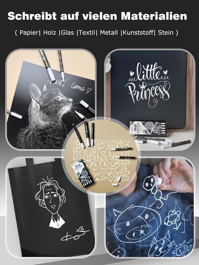 Detalle 2 de DealKits 5x Weiße Acrylstifte – deckende Acrylic Marker Brush Pen für Holz, Glas, Papier & Stein