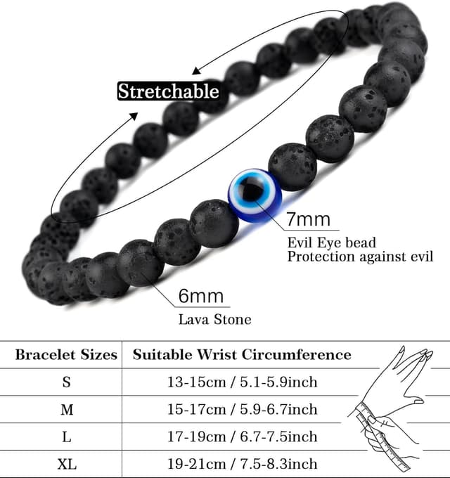 Detalle de Lameybrt Naturstein-Achat Elastisches Evil-Eye-Armband-Set mit Charms, verstellbar (6 mm Achat)
