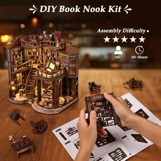 Detalle de Teoryieer Wooden Booknook DIY 3D con luci LED: libreria retrò a tema piano
