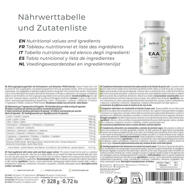 Thumbnail 1 de Nutri + EAA Kapseln 360 vegan hochdosiert đź’Š