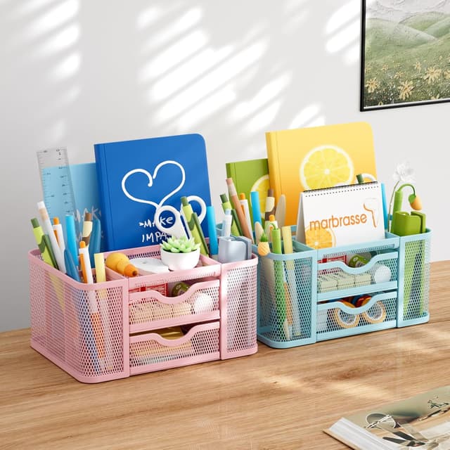 Detalle de Marbrasse Organizer Scrivania in rete con portapenne e 3 scomparti (blu)