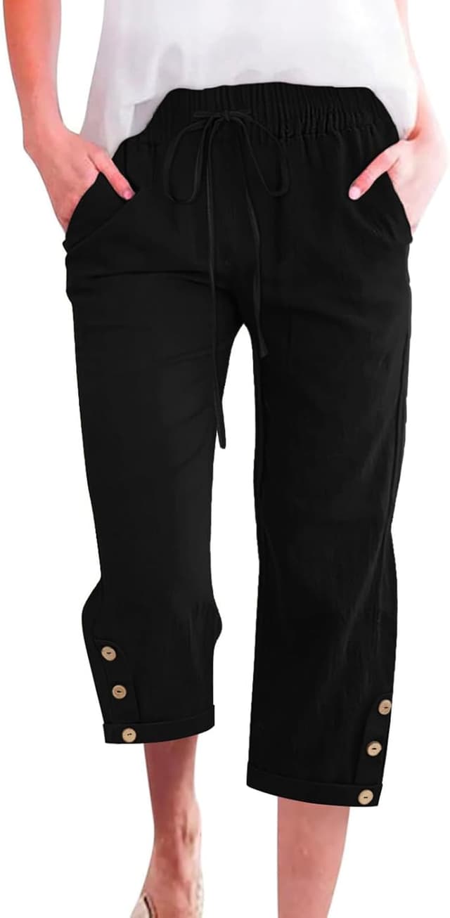 Detalle de CMTOP pantalon femme d’été chic en coton – pantacourt droit 7/8 à taille élastique