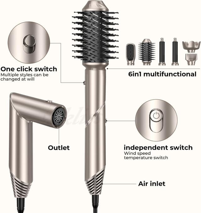 Detalle de Modellatori Capelli Spazzola ad Aria Calda 6 in 1 con Diffusore (platinum-oro)