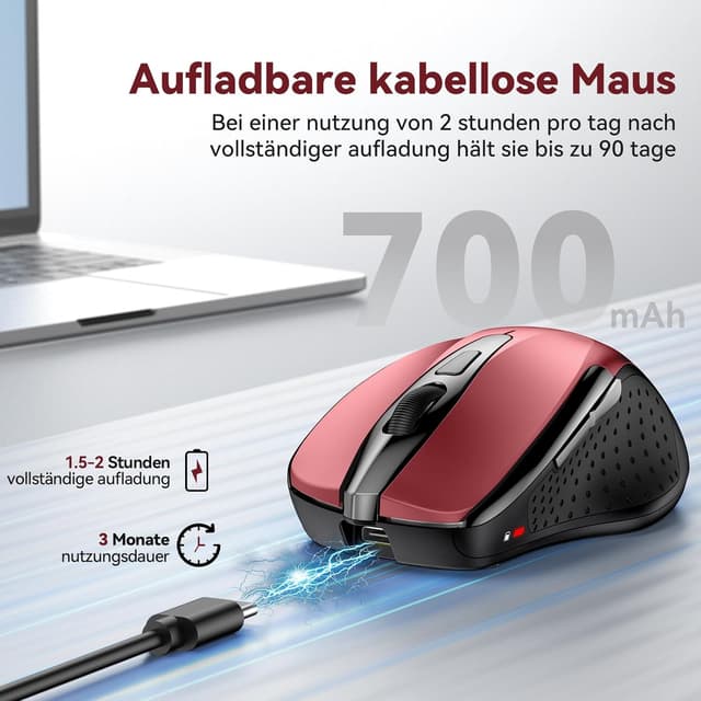 Detalle de TechRise Bluetooth Maus & 2,4G Funkmaus mit USB-A Empfänger (BT 5.0/3.0), 4800 DPI, wiederaufladbar, leise – 6 DPI-Stufen, rot