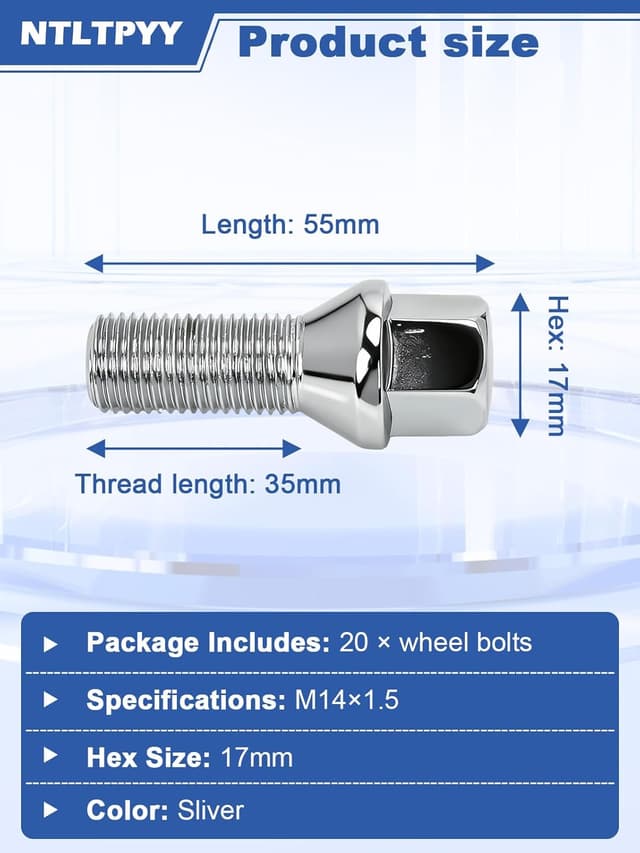 Detalle de 20pc M14x1.5 wheel bolts, 35mm 10.9 alloy steel taper lug bolts (hex 17mm) for Audi, Seat, Volkswagen, Alfa Romeo, Porsche & BMW