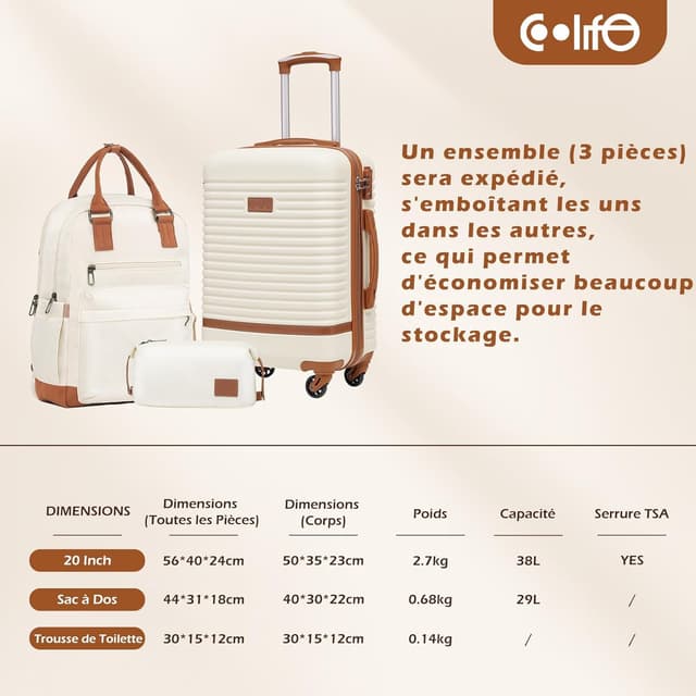 Thumbnail 6 de COOLIFE Valise 3 pièces (petit) avec serrure TSA, 4 roulettes pivotantes 360° et kit de voyage noir/marron