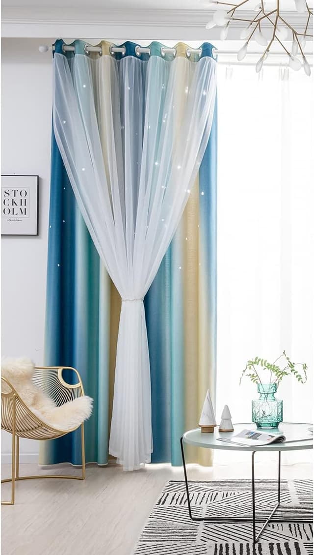 Detalle de ele ELEOPTION Stars Blackout Curtains with Eyelets (1 Panel) – Blue, Double Layer Star Window Drapes for Kids Rooms