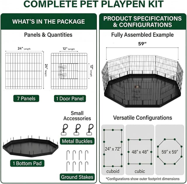 Detalle de PJYuCien Dog Playpen with Bottom Pad (Metal Foldable Exercise Pen, 8 Panels) — 24" H x 24" W Panels, Black