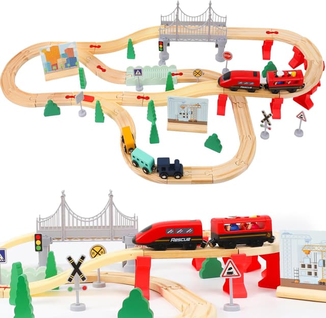 Detalle de XIAPIA 72-piece wooden train set for toddlers (magnetic trains & battery train)