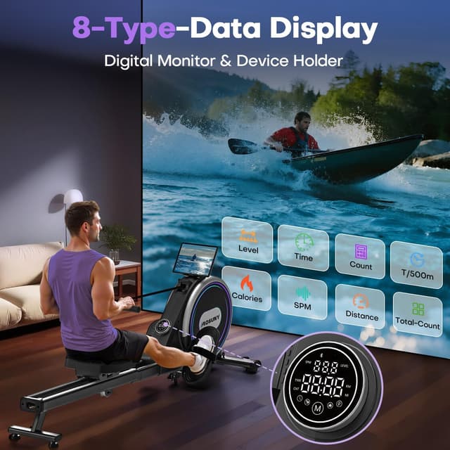 Detalle de MOSUNY Home Rowing Machine with Magnetic Resistance, 32 Levels, App Support, LCD Display, 400 LB Capacity