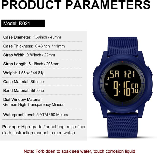 Detalle 2 de HANPOSH Herren Digitaluhr mit Wecker, Stoppuhr und 3ATM Wasserschutz