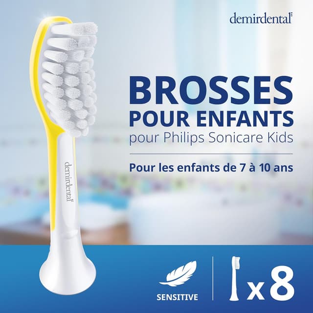 Detalle de Têtes de brosse demirdental pour Philips Sonicare Kids (7 à 10 ans) – Jaune, lot de 8, compatibilité HX6048/HX6044