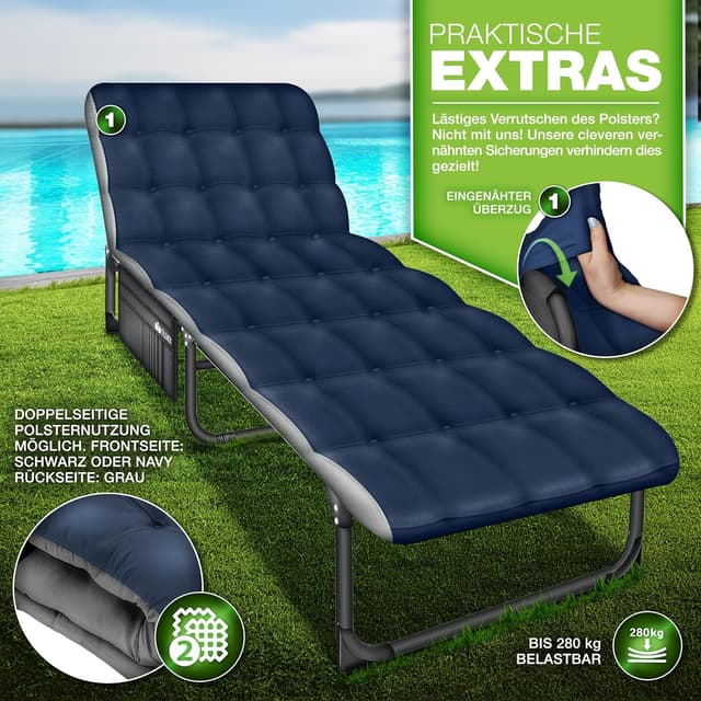 Detalle de tillvex® Campingbett klappbar mit Nackenkissen & Seitentasche – Feldbett für Camping, Garten und Gäste (bis 280 kg)