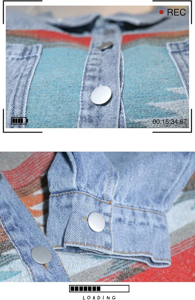 Detalle de Lumister Women’s Aztec Denim Jacket (Distressed Lapel, Long Sleeve Button-Down Shacket)