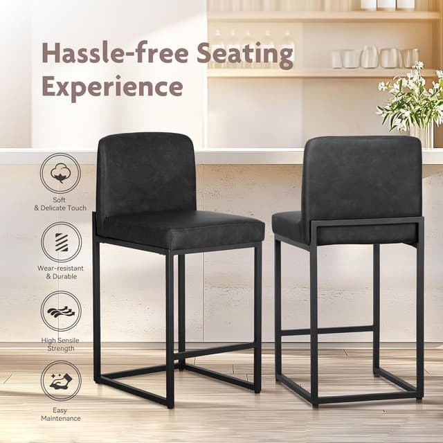 Detalle de ALPHA HOME 24" Bar Stools Set of 2 with Backs, PU Leather Kitchen Stools and Footrest (Black)