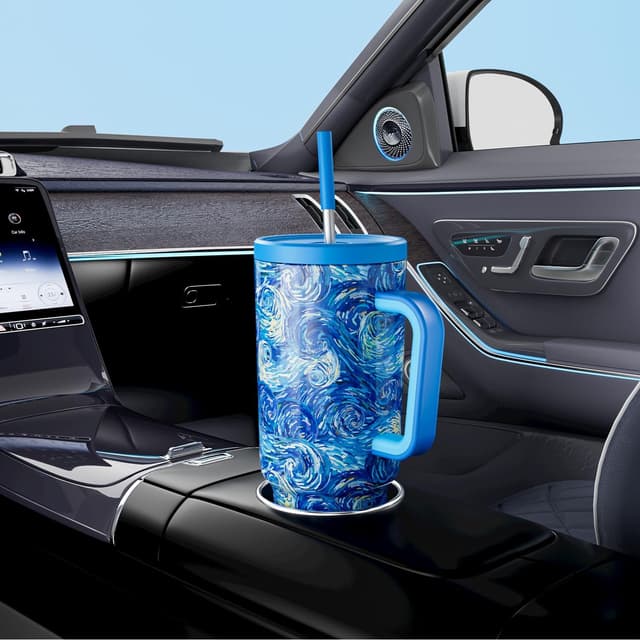 Detalle de Meoky 40 oz Tumbler with Handle and Straw (Van Gogh) — Insulated, Leakproof Cup for Car Holders