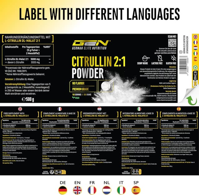 Thumbnail 6 de L-Citrullin DL-Malat 2:1 Pulver (500 g) – vegan, aus pflanzlicher Fermentation