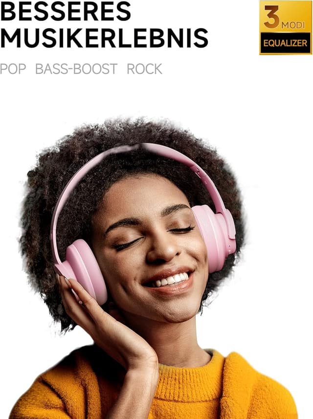 Detalle 2 de Picun B8 Bluetooth-Kopfhörer kabellos (On-Ear/Over-Ear), 3 EQ-Modi, Freisprechen und bis zu 120 Stunden Akku – Rosa