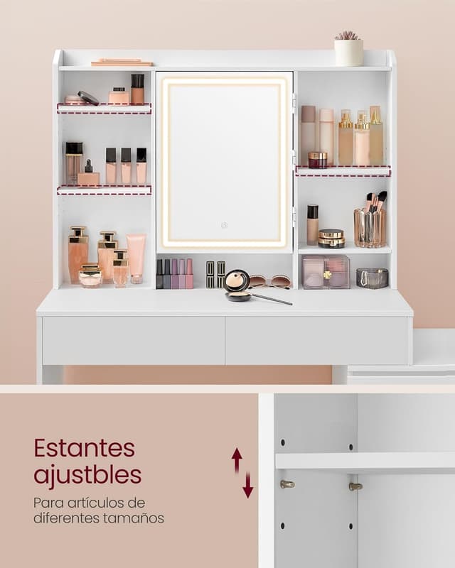 Thumbnail 5 de VASAGLE Tocador con Luces LED 🌟 Blanca, Estantes Ajustables