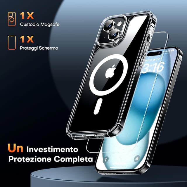 Detalle de TAURI Cover per iPhone 15 Plus con pellicola in vetro temperato e MagSafe magnetico (trasparente)