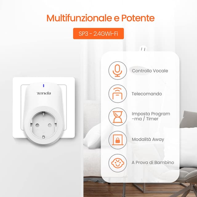 Detalle de Tenda Beli SP3 Smart Plug Wi‑Fi: presa intelligente con controllo vocale, timer e modalità assente