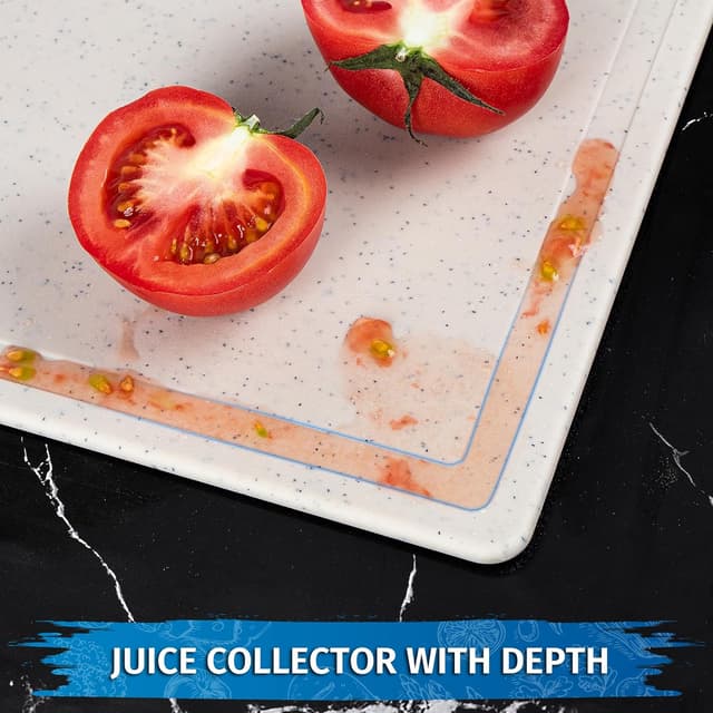 Detalle de DIFULI Schneidebrett Set 3-teilig Granitoptik (PP, BPA-frei) mit Saftkanal, Griff und rutschfesten Silikonaufklebern