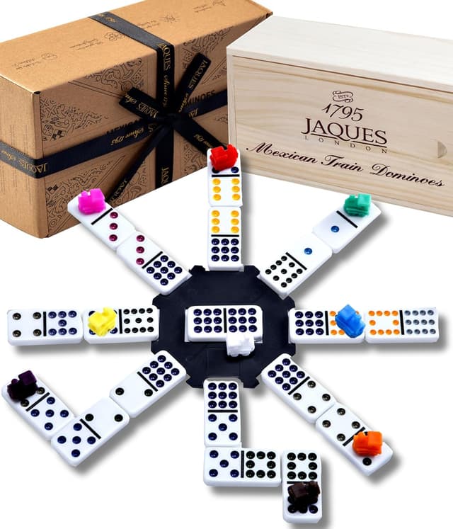 Detalle de Jaques of London Mexican Train Dominoes Game (Family Set) | Wooden Storage Box | Since 1795