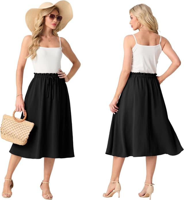 Detalle 2 de GRECERELLE Damen Midi-Rock Sommer in A-Linie mit Taschen – leicht, luftig, knitterarm (elastischer Bund)