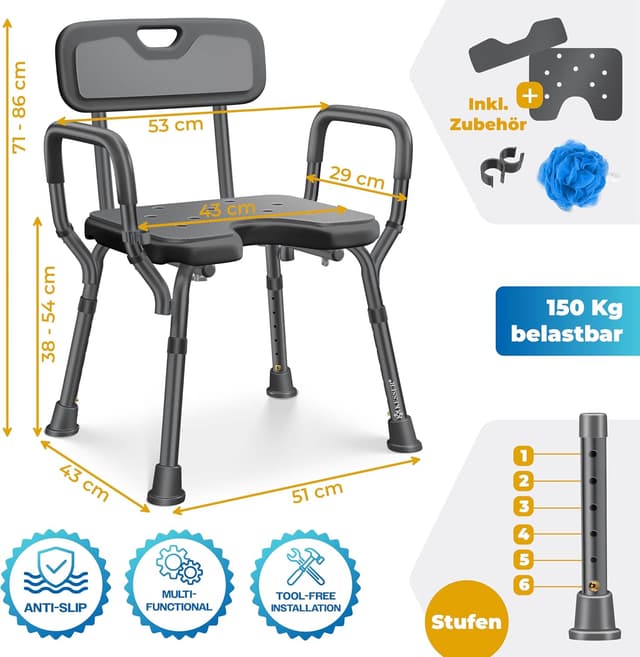 Thumbnail 6 de KESSER® Duschhocker mit Lehne – höhenverstellbarer Duschsitz für Senioren & Schwangere, 150 kg belastbar