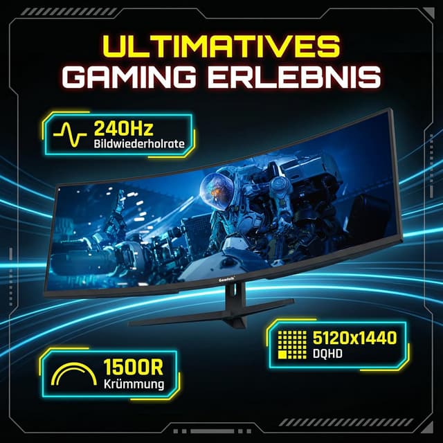Detalle 2 de Gawfolk 49 Zoll Curved Gaming Monitor mit 240 Hz, Dual QHD (5120x1440) und 32:9 Ultra-Wide – 1500R, PBP/PIP, VA