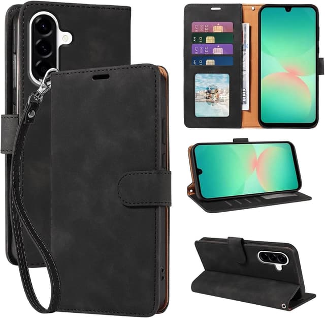 Detalle de GOTOURED Handyhülle für Samsung Galaxy A26 (RFID, Kartenfach, Magnetverschluss, Stand & Handgelenksgurt) – Schwarz