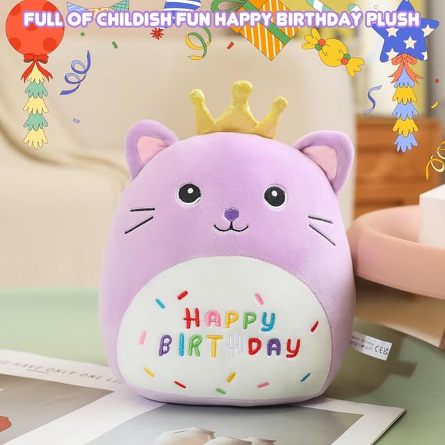 Detalle de Xfrog Cat Stuffed Animal Plush Pillow (10") – Kawaii Purple Birthday Cat with Golden Crown