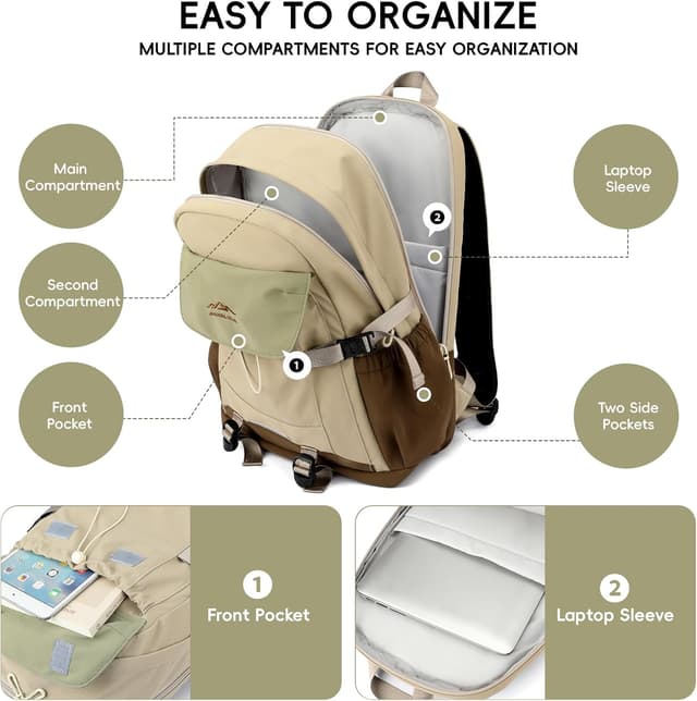 Detalle de Amythe sac à dos garçon 30L kaki pour ordinateur 15,6" (imperméable, léger)