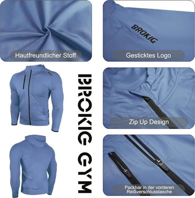 Detalle de BROKIG Leichte Hoodie Herren – schnelltrocknende Laufjacke mit Kapuze und Reißverschluss