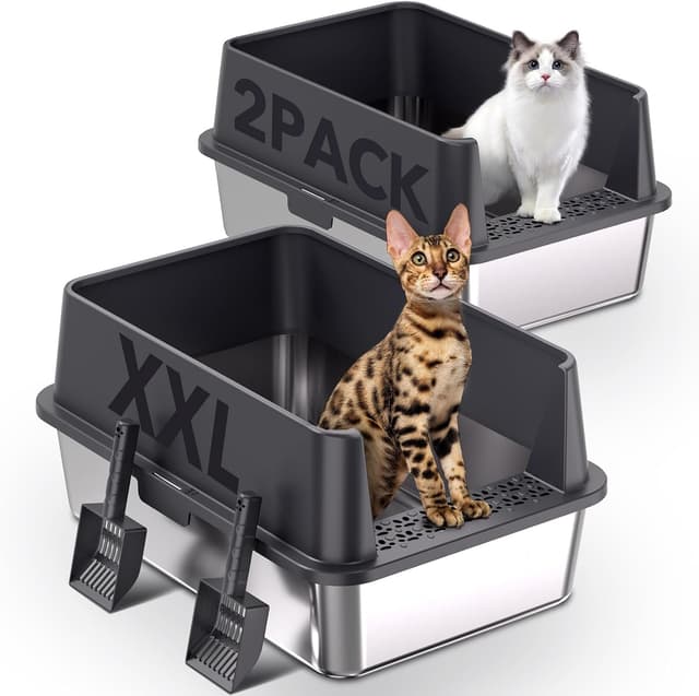 Detalle de 2er-Set XXL Katzenklo aus Edelstahl 60×40×30 cm (37 l) – hoher Rand, offen, inkl. Streuschaufel